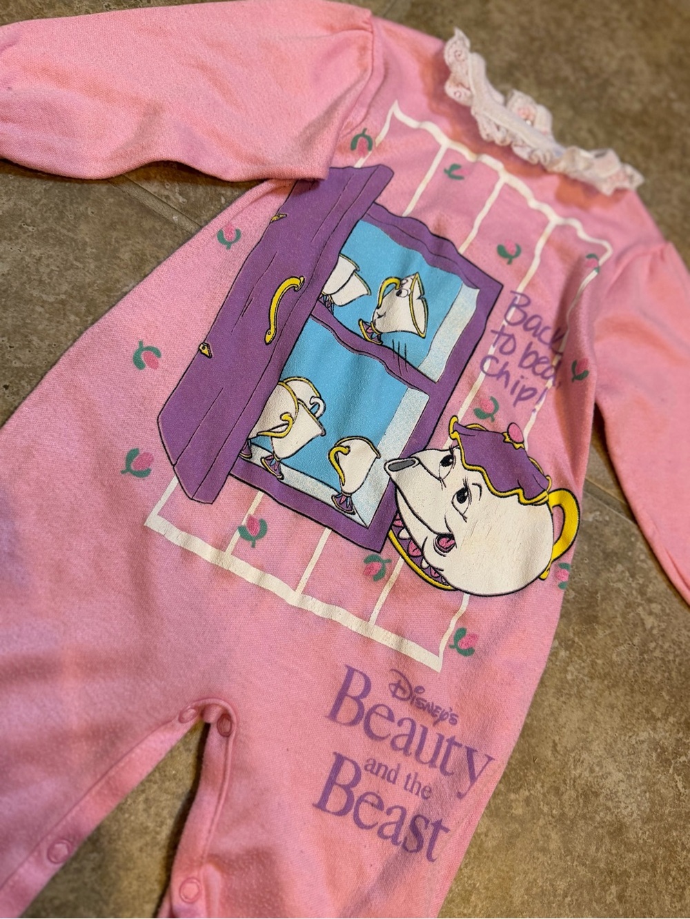 Vintage 90d Disney Beauty & the Beast Mrs. Potts Chip Footed Sleeper 18-24M